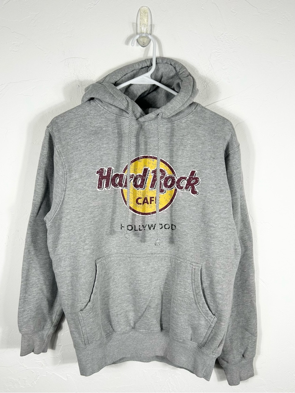 👁️ Hard Rock Cafe Hollywood Hoodie Medium Heather Gray Distressed Logo Pullover